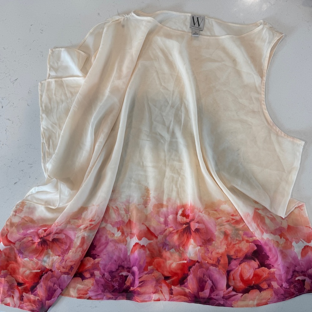 Worthington Cream Sleeveless Top with Pink & Purple Floral Border